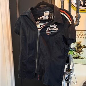 Harley-Davidson XL Black and Orange Zip-Up Shirt